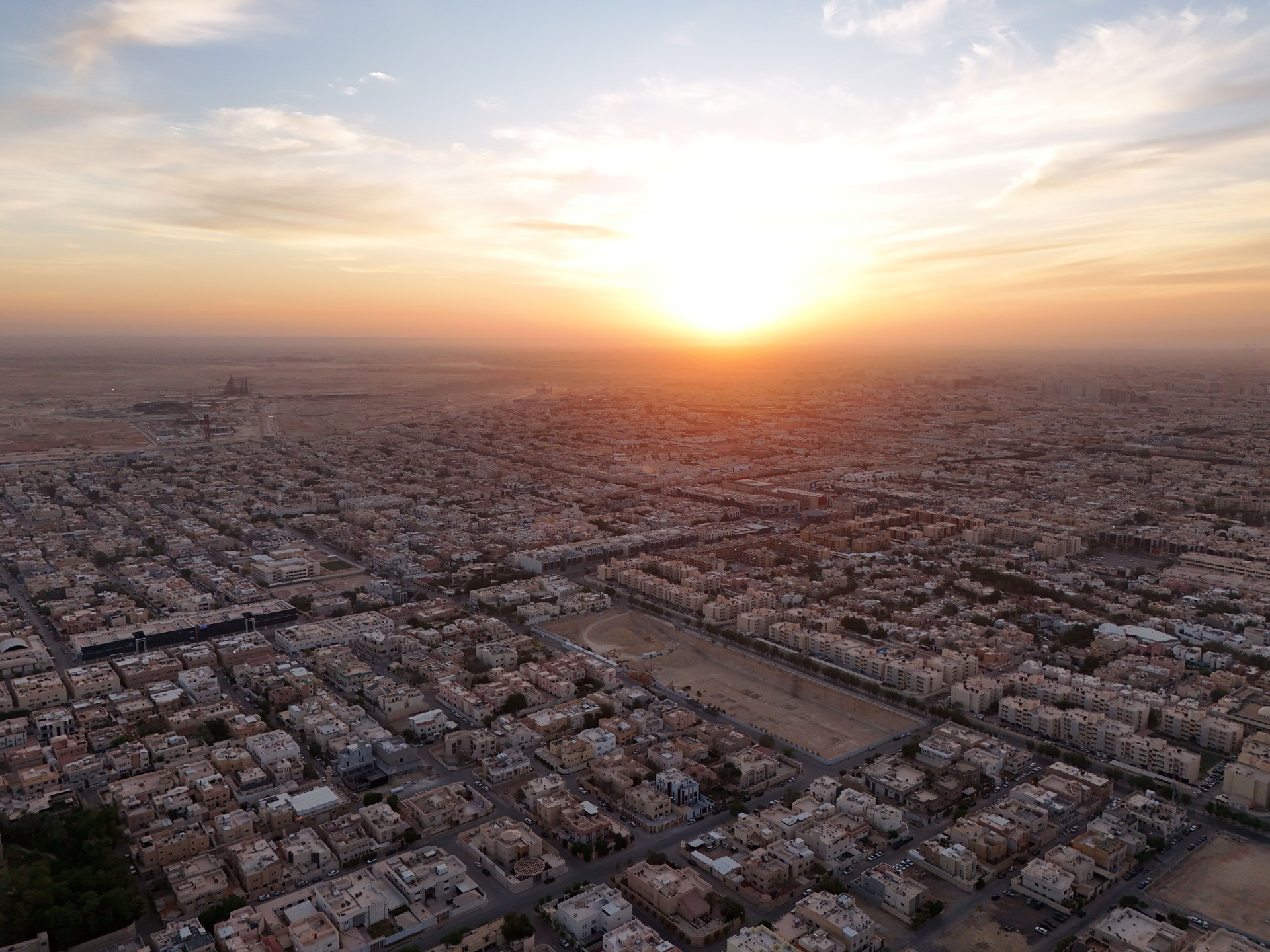 Drone shot flying. Saudi Arabia. Riyadh. Sunrise.