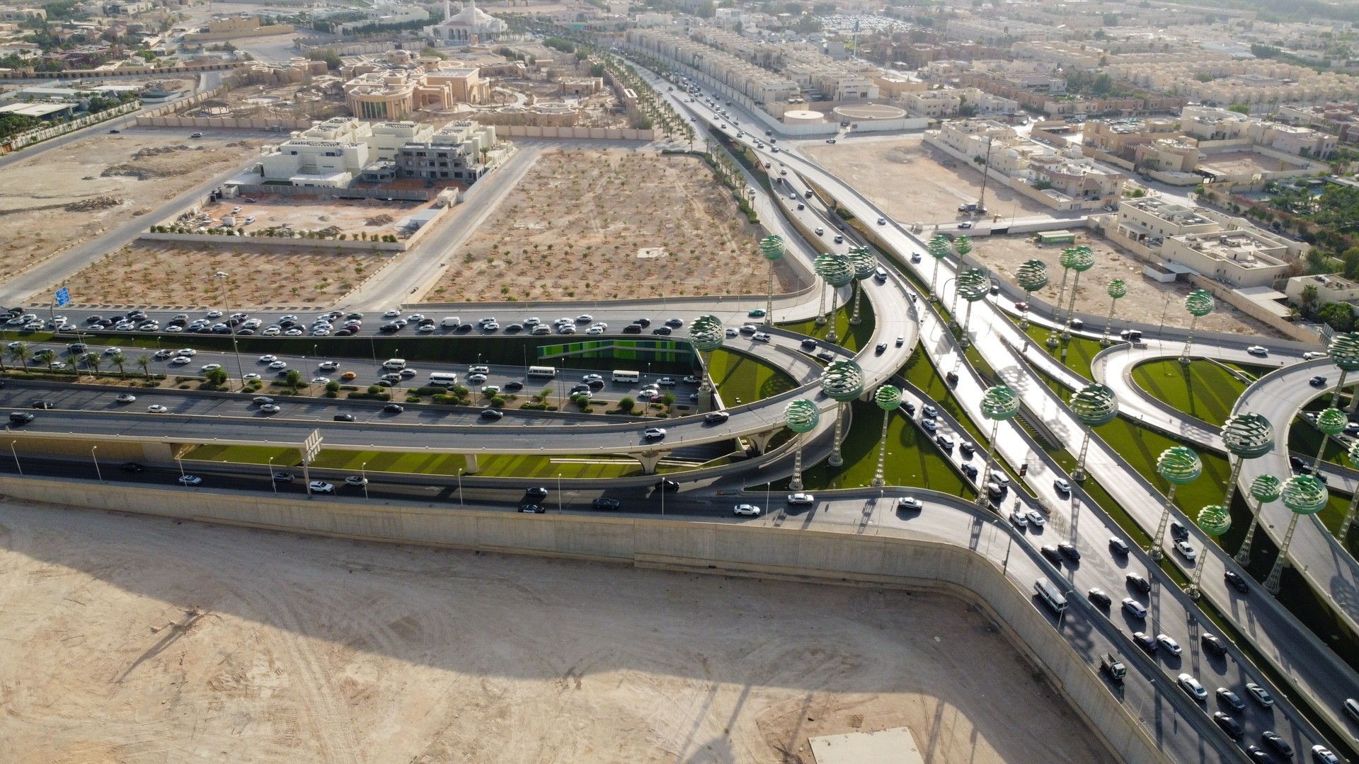 Riyadh City Saudi Arabia , Drone view of busy motorway The Green Field  KSA - Drones Photography